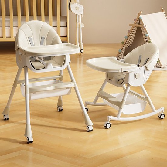 PIPIPOXER 6 in 1 kinderstoel met babyligstoel en babyschommelstoel, verstelbare en opvouwbare kinderstoel met eetblad en wielen, Beige van Merkloos
