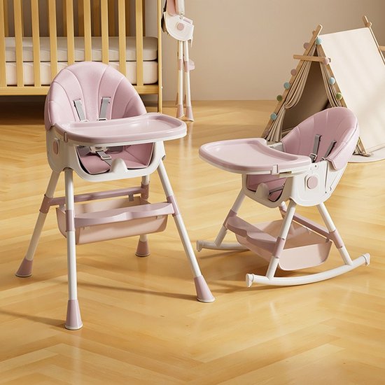 PIPIPOXER 6 in 1 kinderstoel met babyligstoel en babyschommelstoel, verstelbare en opvouwbare kinderstoel met eetblad en wielen,Roze