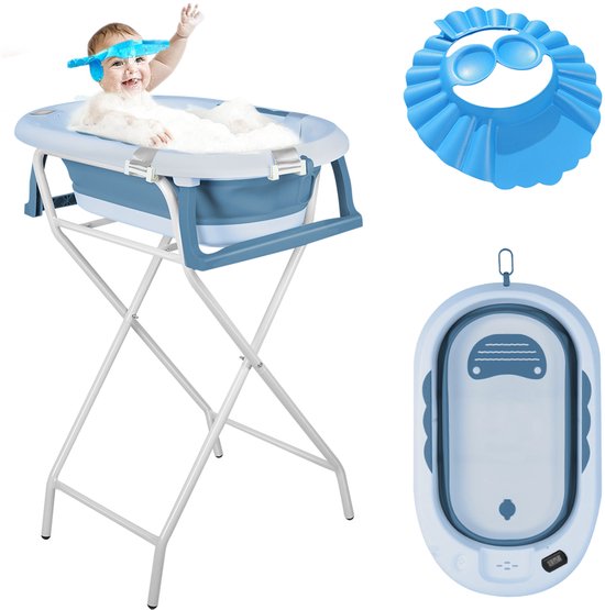 PIPIPOXER-Babybadje Opvouwbaar - Babybad met standaard - Peuterbadje - Opvouwbaar bad kinderen - Incl Badkussen - Blauw