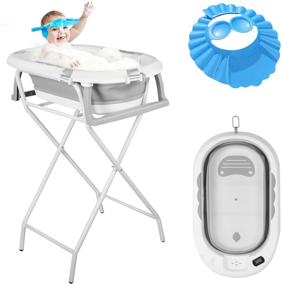 PIPIPOXER-Babybadje Opvouwbaar - Babybad met standaard - Peuterbadje - Opvouwbaar bad kinderen - Incl Badkussen - Grijs