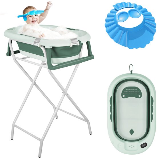 PIPIPOXER-Babybadje Opvouwbaar - Babybad met standaard - Peuterbadje - Opvouwbaar bad kinderen - Incl Badkussen - Groen