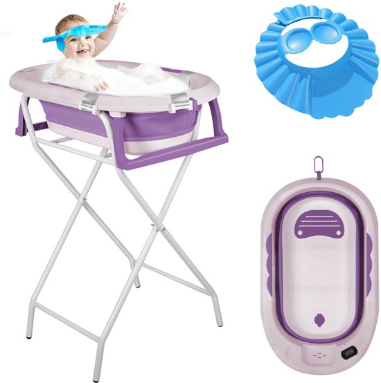 PIPIPOXER-Babybadje Opvouwbaar - Babybad met standaard - Peuterbadje - Opvouwbaar bad kinderen - Incl Badkussen - Paars
