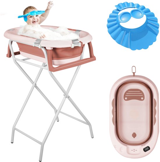 PIPIPOXER-Babybadje Opvouwbaar - Babybad met standaard - Peuterbadje - Opvouwbaar bad kinderen - Incl Badkussen - Roze van PIPIPOXER