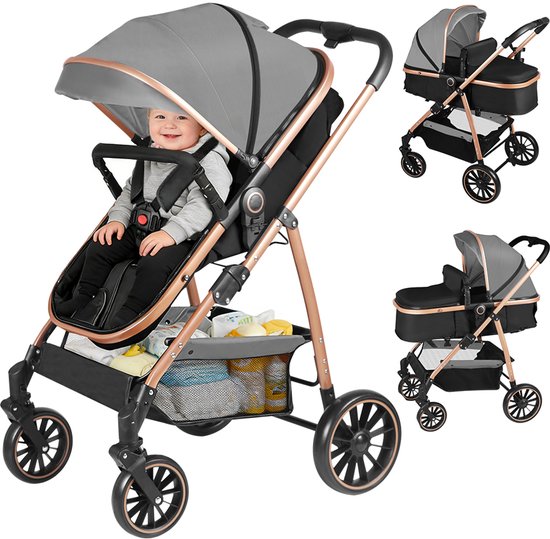 PIPIPOXER Kinderwagen 3-in-1 – Wandelwagen - Multifunctioneel – opklapbaar- Reiswieg + Wandelwagen + Incl. autostoel - XXL - Buggy Omkeerbare Zitting-Antislip – grijs
