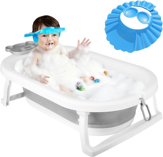 PIPIPOXER- Opvouwbaar babybadje - Babybad - met digitale thermometer en badstandaard en shampoo kapje - Peuterbad -Cadeaus geven - Grijze beer