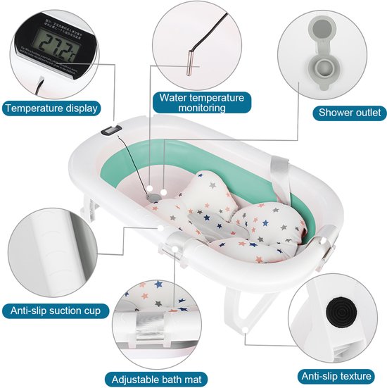 PIPIPOXER- Opvouwbaar babybadje met digitale thermometer en kussen geschikt voor baby's van 0 tot 36 maanden Groen