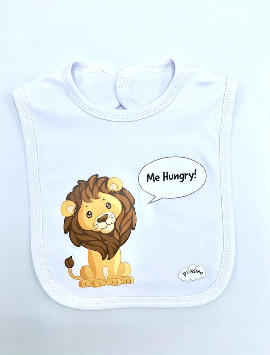 Pixeline Slab Me Hungry Lion - Slabber - Kwijldoekje - Spuugdoekje - Babydoekje - Peuter - Baby - Slab - Kinderen - Kids - Slabbetje -  Drukknopen - Eetdoekje - Baby en Peuter - 0 tot 36 maanden van Pixeline