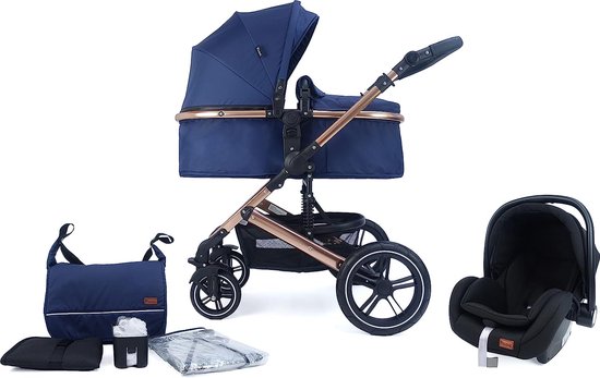 Pixini NEYLA 3 in 1 Wandelwagen, Trio, Kind, Autostoel, Accessoires (Goud/Blauw) van Pixini