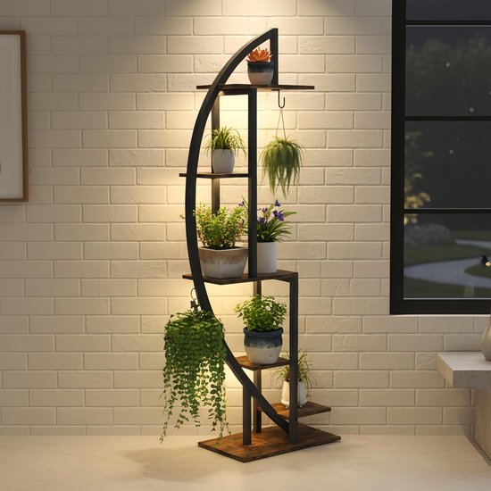 Plantenstandaard met groeilicht voor binnen en buiten, 160 cm, 6 niveaus, bloemenstandaard voor binnen, van hout en metaal, plantenrek met licht voor terras, tuin, balkon, hoek, woonkamer