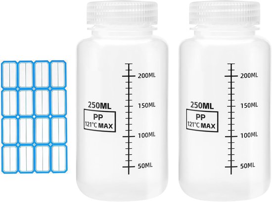 Plastic laboratoriumfles 250ML - brede hals - met schaalverdeling - eenvoudig vullen en reinigen - SnelShoppen