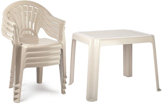 Plasticforte Tuinstoelen en tafel set voor kinderen - kunststof - beige - met 4x stoelen - buiten/binnen van Plasticforte