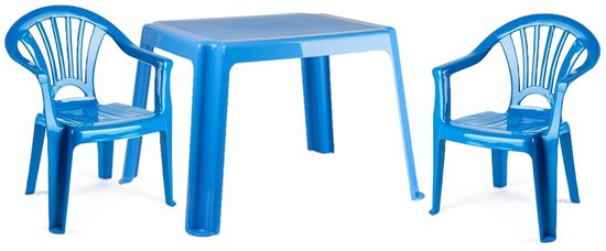 Plasticforte Tuinstoelen en tafel set voor kinderen - kunststof - blauw - met 2x stoelen - buiten/binnen van Merkloos