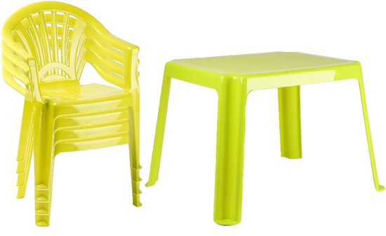 Plasticforte Tuinstoelen en tafel set voor kinderen - kunststof - lime groen - met 4x stoelen - buiten/binnen van Merkloos