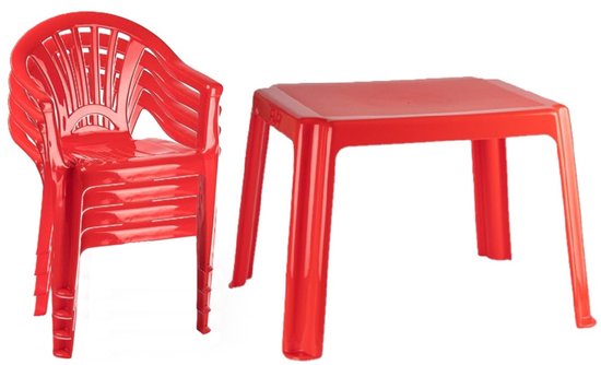 Plasticforte Tuinstoelen en tafel set voor kinderen - kunststof - rood - met 4x stoelen - buiten/binnen van Merkloos