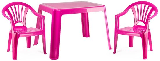 Plasticforte Tuinstoelen en tafel set voor kinderen - kunststof - roze - met 2x stoelen - buiten/binnen van Merkloos