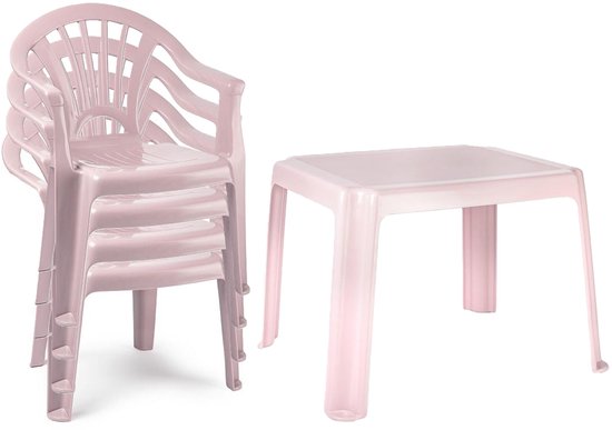 Plasticforte Tuinstoelen en tafel set voor kinderen - kunststof - roze - met 4x stoelen - buiten/binnen van Merkloos