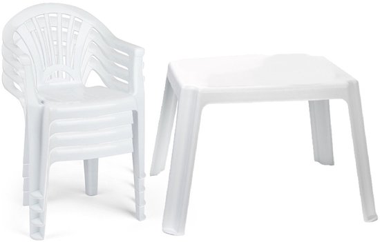 Plasticforte Tuinstoelen en tafel set voor kinderen - kunststof - wit - met 4x stoelen - buiten/binnen van Merkloos
