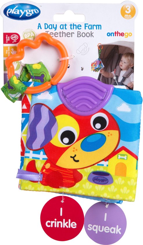 Playgro Activiteitenboekje Boederijdieren - Bijtboekje - Bijtprofiel - Pieper - Baby boek -baby boekje 0-6 maanden - Bijtring - baby boekje met geluid van Playgro