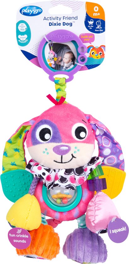 Playgro Activity Friend Dixie Dog - Baby Speelgoed - Hangspeeltje - Kinderwagenspeeltje - Rammelaar - Kinderwagenaccessoire - Buggyaccessoire - Educatief Speelgoed - Knuffeldier van Playgro