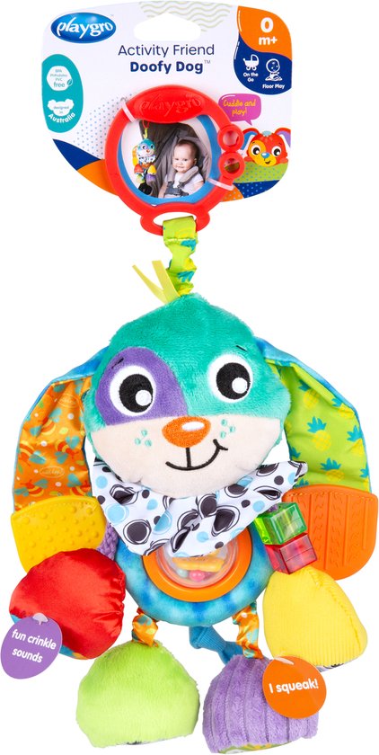 Playgro Activity Friend Doofy Dog - Hangspeeltje - Baby Speelgoed - Kinderwagenspeeltje - Rammelaar - Kinderwagenaccessoire - Buggyaccessoire - Educatief Speelgoed - Knuffeldier van Playgro