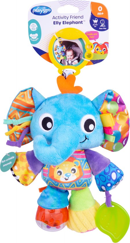 Playgro - Activity Friend Elly Elephant - Baby speelgoed - Hangspeeltje - Kinderwagenspeeltje - Rammelaar - Kinderwagenaccessoire - Buggyaccessoire- Educatief Speelgoed - Knuffeldier van Playgro