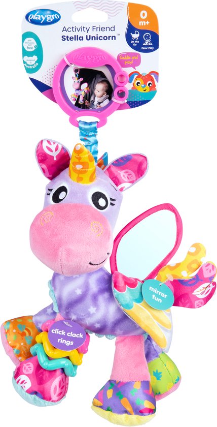 Playgro Activity Friend Stella Unicorn - Baby Speelgoed - Hangspeeltje - Kinderwagenspeeltje - Rammelaar - Kinderwagenaccessoire - Buggyaccessoire- - Educatief Speelgoed - Knuffeldier van Playgro
