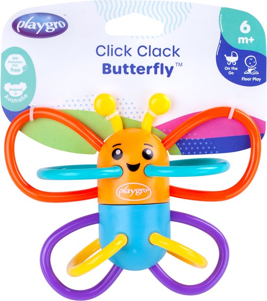 Playgro Click Clack Butterfly Rammerlaar - Bijtrammelaar - bijtring - Baby speelgoed - bijtspeeltje - Grijpspeelgoed - Speeltje - Baby rammelaar- Met geluid van Playgro