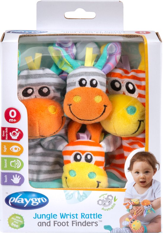 Playgro Jungle Pols- en Voetrammelaarset Zebra & Giraf - Set van 4 stuks, 2 polsbandjes en 2 rammelsokjes van Playgro