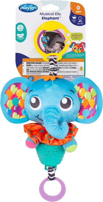Playgro Musical Pullstring Elly Elephant - Hangspeeltje - -Speelgoed Baby - Speelgoed 1 jaar - Kinderwagenspeeltje - Baby speelgoed - Kinderwagenaccessoire - Buggyaccessoire- Educatief Speelgoed - Knuffeldier - Baby speelgoed met muziek van Playgro