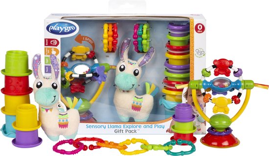 Playgro Sensoriche Ontdek Geschenkset - Kraamkado - Lama Knuffel - Kinderstoelspeeltje - 9 bekers - 6 ringen - -Speelgoed Baby - Speelgoed 1 jaar - Baby speelgoed - Baby geschenkset - Kraamcadeau