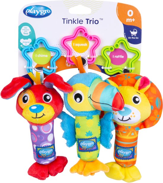 Playgro Tinkle Trio- Hangspeeltjes - Kinderwagenspeeltjes - Rammelaar - Kinderwagenaccessoire - Buggyaccessoire- Educatief Speelgoed - Knuffeldier - Knijpspeelgoed Baby - Ontwikkelingsspeelgoed Baby - Zacht baby speelgoed 3 stuks van Playgro