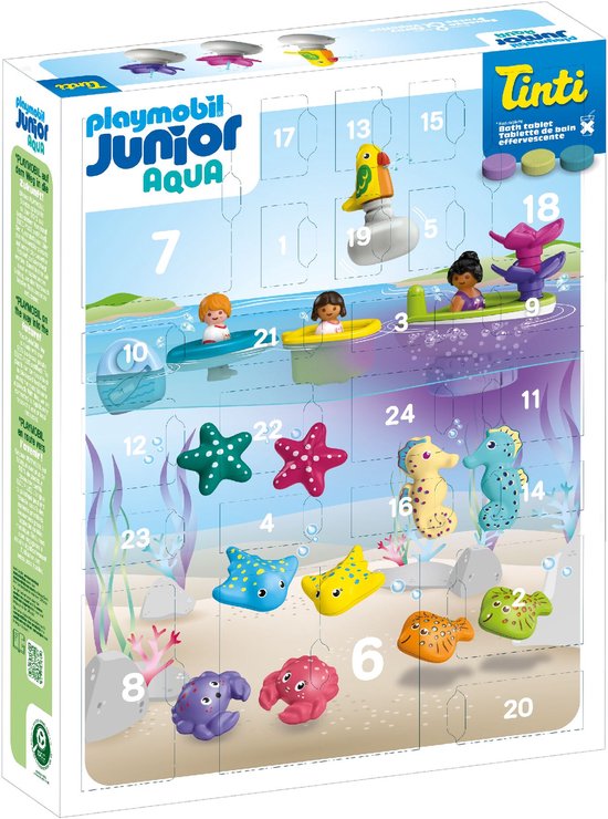 PLAYMOBIL JUNIOR & Tinti | Kleurrijke zwempret Adventskalender | Duurzame adventskalender met waterspeelgoed | Dagelijkse verrassingen voor kinderen vanaf 1 jaar | Perfect kerstcadeau | 71777 van Playmobil