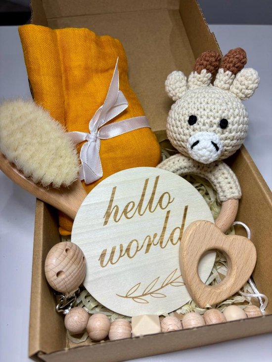 Playos® - Baby Giftset - Giraffe - Okergeel - 6 delig - Kraamcadeau - Bijtring - Speenkoord - Babyshower - Geschenkset Baby - Baby Speelgoed - 0 Jaar - Geboortecadeau van Playos