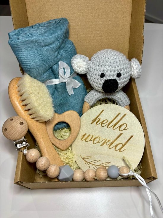 Playos® - Baby Giftset - Koala - Blauw - 6 delig - Kraamcadeau - Bijtring - Speenkoord - Babyshower - Geschenkset Baby - Baby Speelgoed - 0 Jaar - Geboortecadeau van Playos