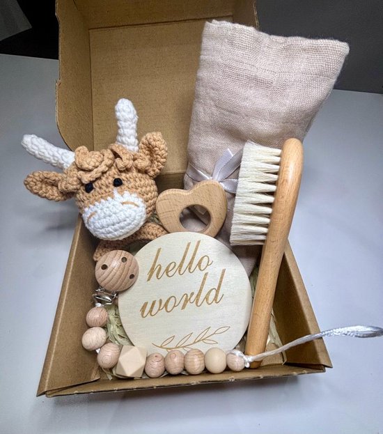 Playos® - Baby Giftset - Koe - Taupe - 6 delig - Kraamcadeau - Bijtring - Speenkoord - Babyshower - Geschenkset Baby - Baby Speelgoed - 0 Jaar - Geboortecadeau van Playos