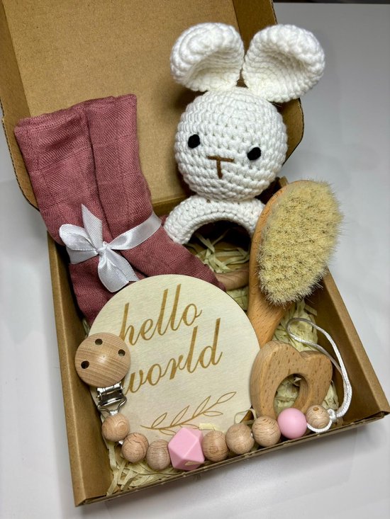 Playos® - Baby Giftset - Konijn - Oudroze - 6 delig - Kraamcadeau - Bijtring - Speenkoord - Babyshower - Geschenkset Baby - Baby Speelgoed - 0 Jaar - Geboortecadeau van Playos