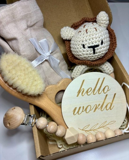 Playos® - Baby Giftset - Leeuw - Bruin - 6 delig - Kraamcadeau - Bijtring - Speenkoord - Babyshower - Geschenkset Baby - Baby Speelgoed - 0 Jaar - Geboortecadeau van Playos