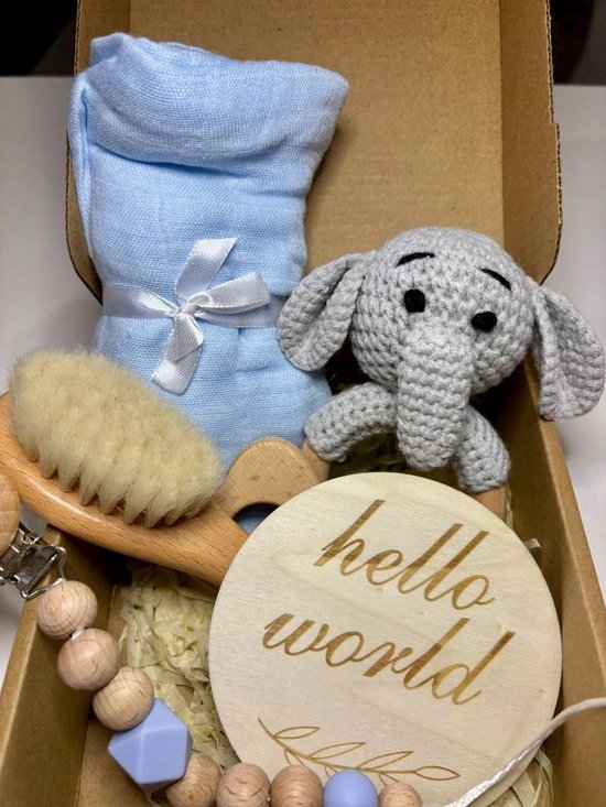 Playos® - Baby Giftset - Olifant - Lichtblauw - 6 delig - Kraamcadeau - Bijtring - Speenkoord - Babyshower - Geschenkset Baby - Baby Speelgoed - 0 Jaar - Geboortecadeau van Playos