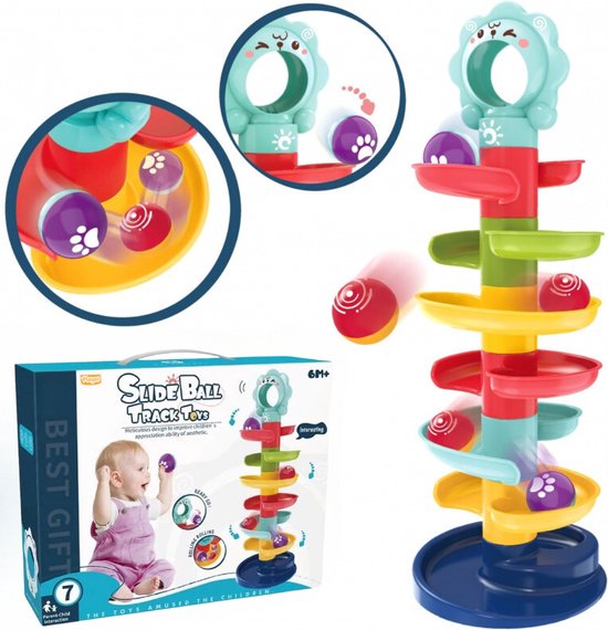 Playos® - Ballentoren - met 2 Ballen - Peuter - Kleurrijk - 7 Lagen - Spiraaltoren - Ballenbaan - Knikkerbaan - Educatief van Playos