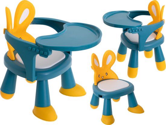 Playos® - Kinderstoel - Blauw / Geel - Konijn - 2 in 1 - Meegroeistoel - Baby Eetstoel - Speeltafel - Eettafel Kinderen van Playos