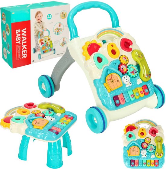 Playos® - Looptrainer 4 in 1 - Blauw - met Geluid - Educatief Babyspeelgoed - Loopwagen - Leren Lopen - Baby Walker - Looptrainer van Playos