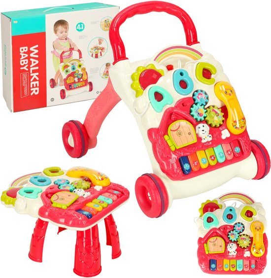 Playos® - Looptrainer 4 in 1 - Roze - met Geluid - Educatief Babyspeelgoed - Loopwagen - Leren Lopen - Baby Walker - Looptrainer van Playos
