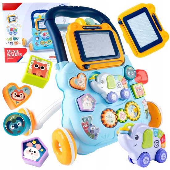 Playos® - Looptrainer - Blauw - met Piano, Tekenbord, Vormen en Tandwielen - Olifant - Activiteitenbord - Loopwagen - Leren Lopen - Baby Speelgoed - Ontwikkelingsspeelgoed van Merkloos