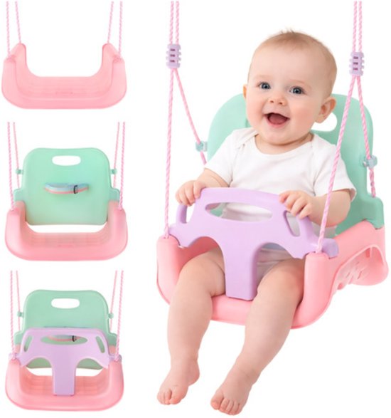 Playos® - Meegroei Schommel - tot 30 kg - Pastelkleuren - Roze / Paars / Mint - Babyschommel voor Peuter en Kleuter - Schommel - Buitenspeelgoed van Merkloos