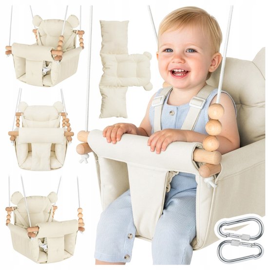 Playos® - Zachte Babyschommel - Beige - tot 60 kg - met 3-Puntsgordel - van 12 tot 36 maanden - voor Binnen en Buiten - Schommelstoel - Hangstoel - Babykamer - Kinderschommel
