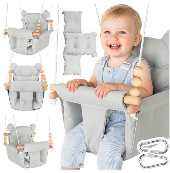 Playos® - Zachte Babyschommel - Grijs - tot 60 kg - met 3-Puntsgordel - van 12 tot 36 maanden - voor Binnen en Buiten - Schommelstoel - Hangstoel - Babykamer - Kinderschommel