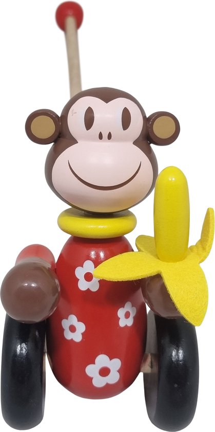 Playwood Houten duwstok aap met banaan loopstok duwfiguur van PlayWood