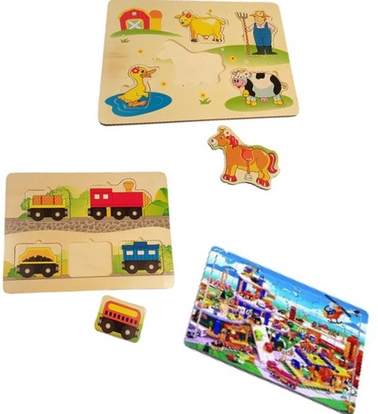 Playwood houten legpuzzel Boerderij- Trein-Parkeergarage u krijgt 3 assorti geleverd. van PlayWood