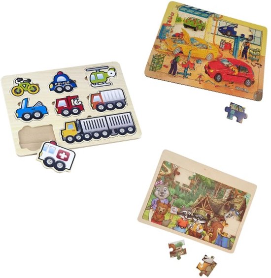 Playwood houten legpuzzel Voertuigen- Beren in het bos-Autogarage u krijgt 3 assorti geleverd van PlayWood