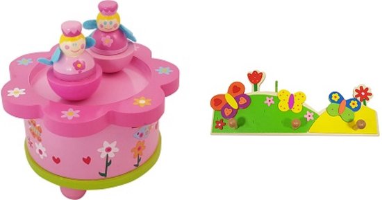 Playwood - Houten muziekdoos dansende prinses roze en een Kinderkapstok vlinder U krijgt 2 artikelen geleverd voor de prijs van 1 van Playwood